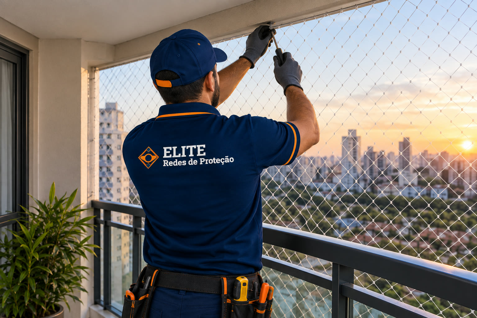 Instalador da Elite Redes fixando rede de proteção em uma sacada de apartamento